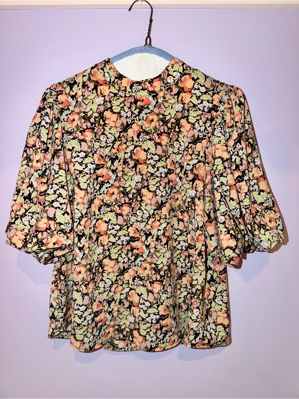 THML Floral Puff-Sleeve Blouse - Peach, Mint & Black